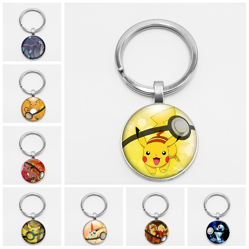 

Vaporeon Pokemon Pokeball Creative Chaveiro Plated Round Vulpix Glass Dome Handmade Go Cute Key Chain Mega Keyring Gift Absol