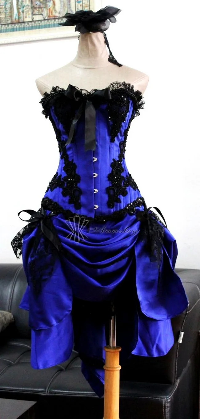 Short Blue Prom Dresses Black Beading Gothic Corset Prom Dresses For Sale (2)