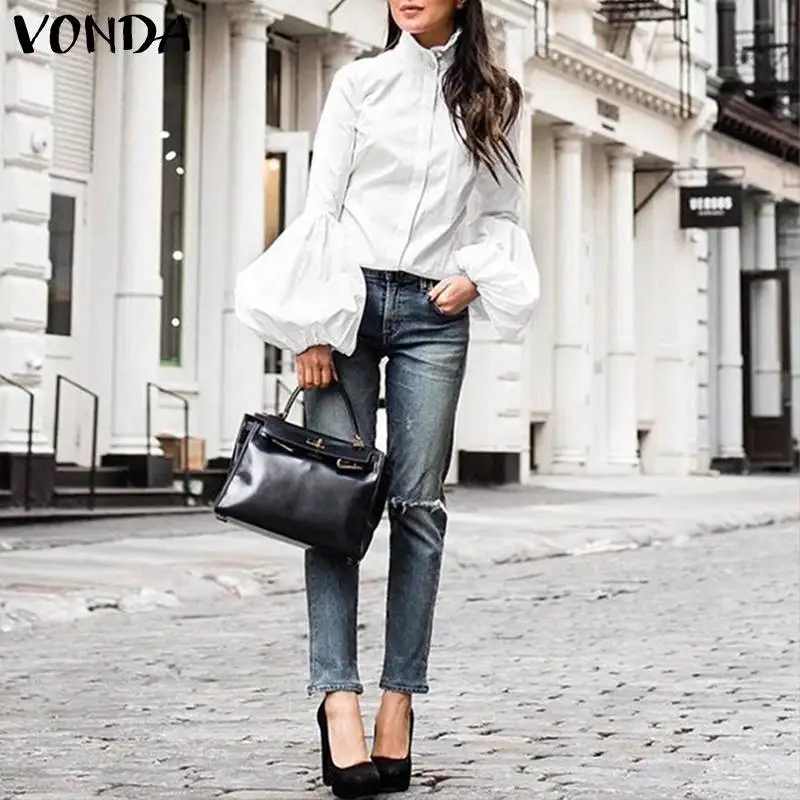  Plus Size Tunic Women's Blouse VONDA 2019 Autumn Long Lantern Sleeve Shirt Office Lady Blusas Casua
