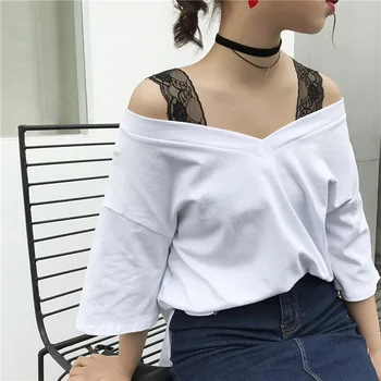 

Women Black White Off Shoulder Fashion Pullover Tops Casual Blouse Three Quarter Sleeve Blouse