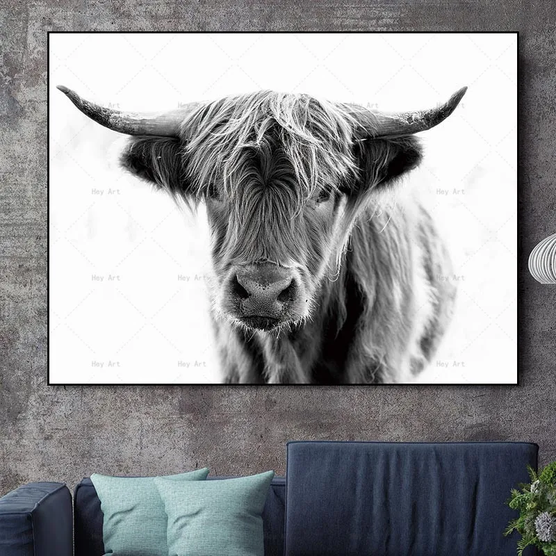 Black and White Home Decor Animal Poster Prints Highland Cow Yak Canvas Painting Wall Art Pictures for Living Room