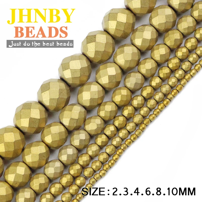 

JHNBY Matte Faceted Round Hematite ball 2/3/4/6/8/10mm Natural Stone ore Gold color Loose beads for Jewelry bracelets Making DIY