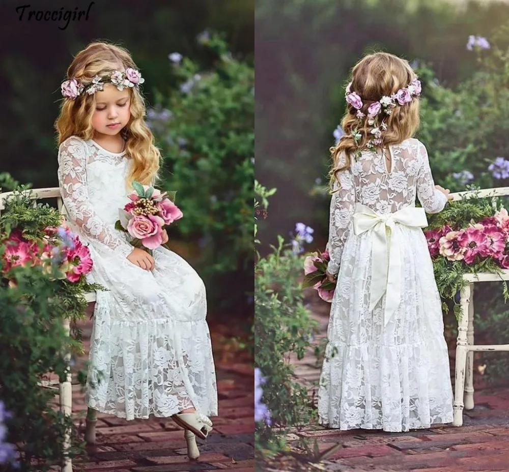 

Ivory Lace Flower Girls Dresses For Weddings Long Sleeves Floor Length Boho Children Wedding Birthday Party Dresses With Ribbon