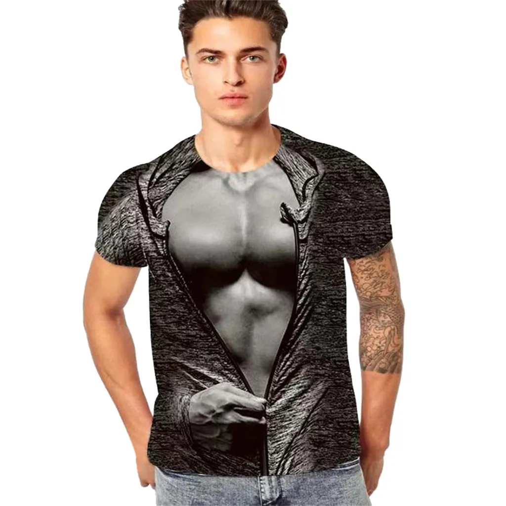 Short sleeve Men's Funny 3D Muscle Printing Fitness Elastic Sleeve T-shirt Top Drop Shipping Blouse Sprinting | Мужская одежда