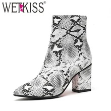 WETKISS/женские ботильоны из искусственной кожи со змеиным принтом; обувь на молнии с острым носком; женские ботинки на Высоком толстом каблуке; женские ботинки из змеиной кожи; коллекция года