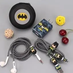 Мультфильм USB кабель наушники протектор набор с коробкой кабель Стикеры для намотки Спиральный шнур протектор для huawei 7/V8/V9/P9plus/Mate8 - Цвет: Round bag Batman