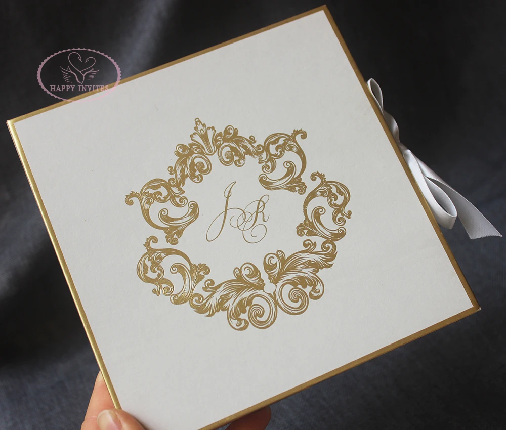 HI1180-04 High Grade Ivory Hardcover Box Invites with Clear Acrylic Invitation with Gold & Black Printing Made in China