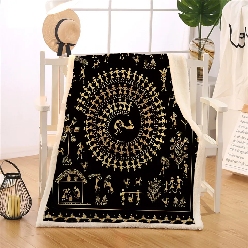 BlessLiving Egyptian Blanket Black and Gold Sherpa Fleece Blanket