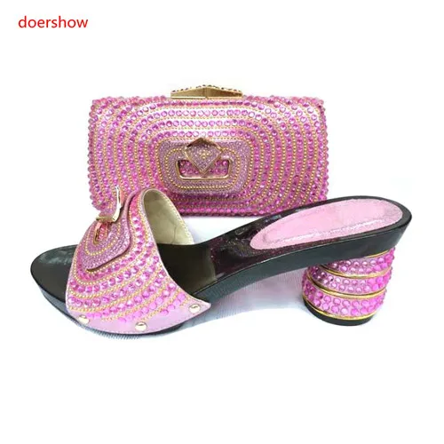 

doershow Newest African Women Slipper Shoes And Matching Bag Set Italian Design High Heels Shoes And Bag Set For Wedding SJS1-9