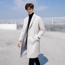 Koean Стиль повседневные длинные шерстяные пальто мужские Новые однотонные однобортные шерстяные верхняя одежда осень зима смешанные мужские ветровки DS50824