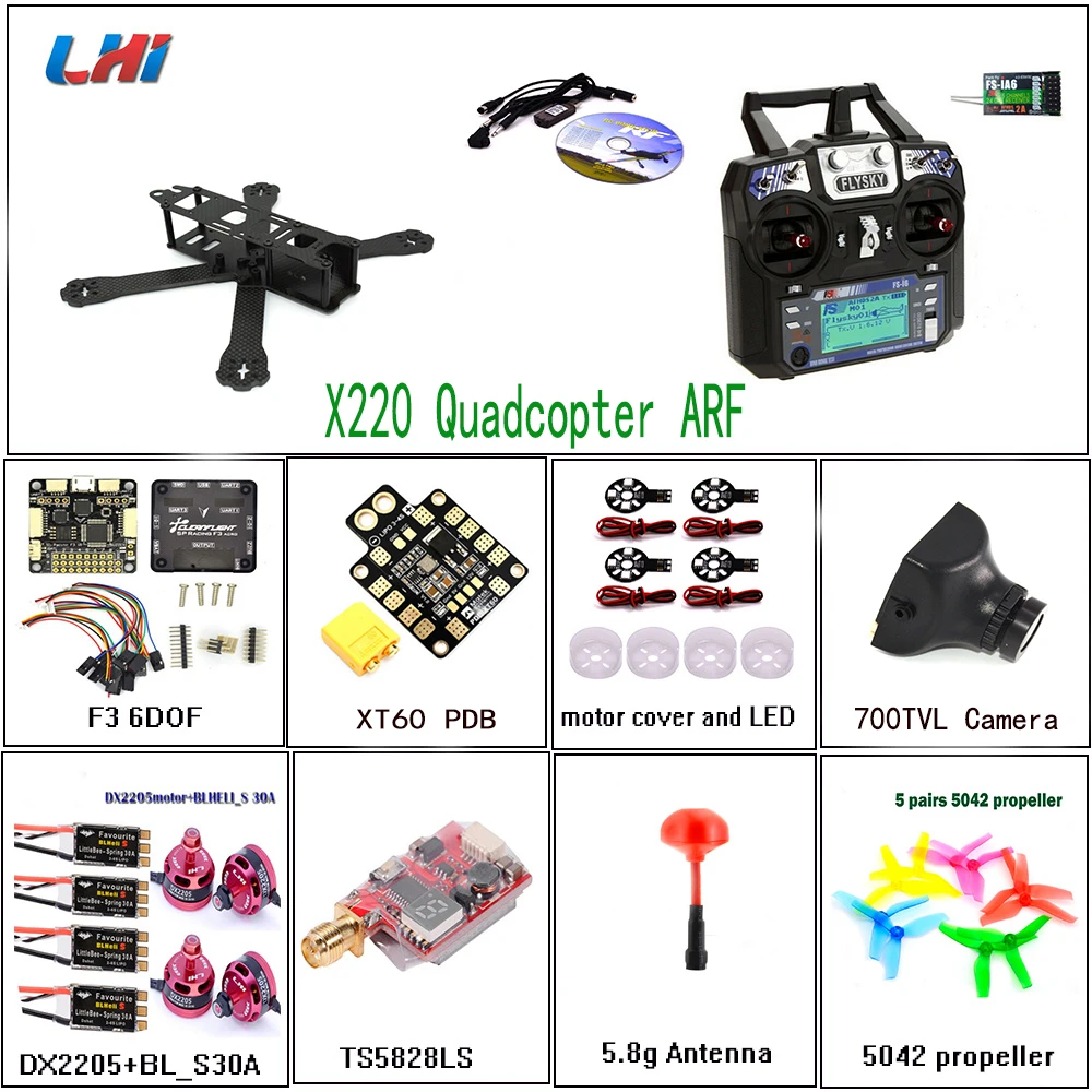 

LHI X220mm RC Quadcopter Frame DX2205 Motor & 30A BLHeli_s ESC with FS-i6 of qav zmr drone F3 6DOF Flight Control 250 for drone