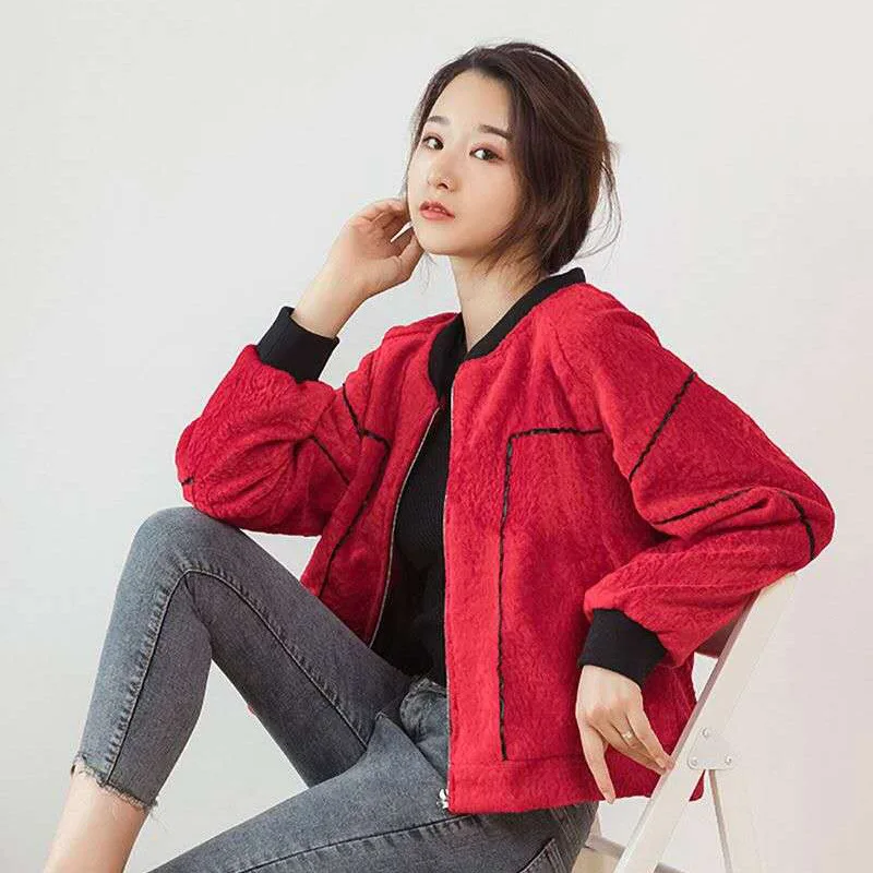

2019 fashion Sheep Shearing Baseball Uniform Autumn ladies short Coat soft breathable Zipper Spring Basic Jacket Women Tops X954