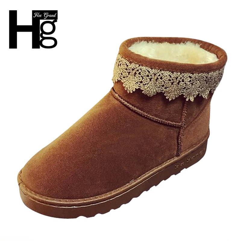 

HEE GRAND Women Flock Solid Ankle Boots Short Plush Platform Shoes with Cut-Out Lace Faux Fur Warm Winter Shoes Women XWX6567