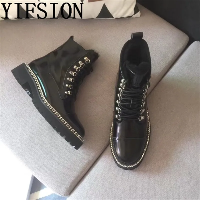 

OLOME New Black Genuine Leather Women Ankle Boots Round Toe Cross Tied Metal Decoration Women Winter Warm Boots Shoes Woman