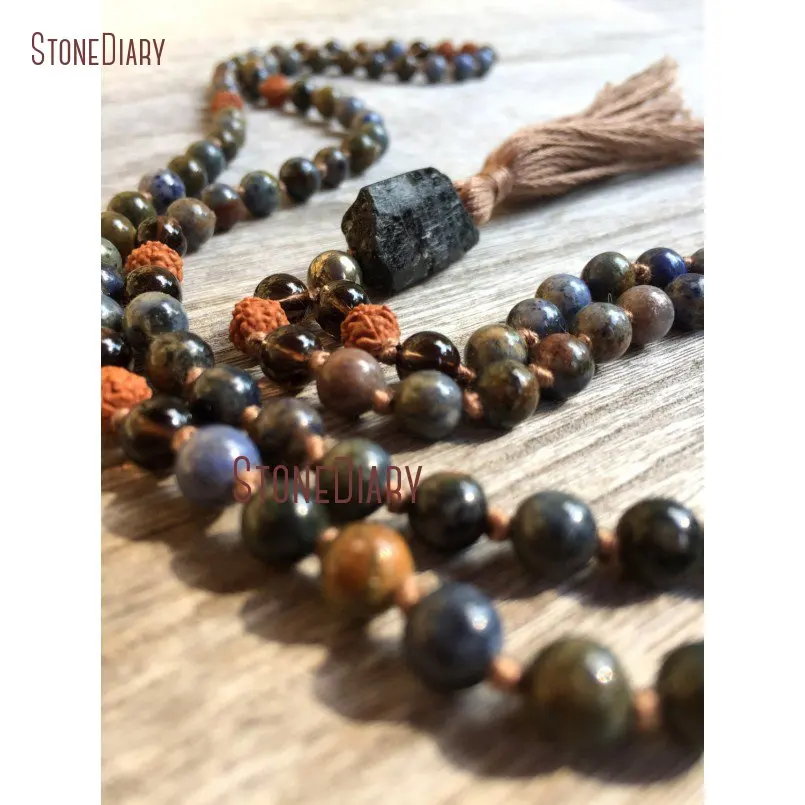 20180312-NM10924-Hand knotted Dumortierite & Rudraksha 108 Bead Mala smoky quartz black tourmaline root chakra protect grounding boho yoga meditation