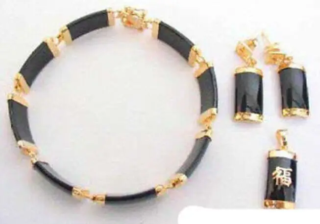 

Black Agate 18KGP Fortune Bracelet Pendant Earrings Set AAA style 100% Natural jade Noble Fine jewe