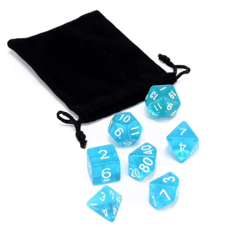 

7pcs/Kit Blue Translucent Clear Polyhedral Dices Set TRPG DND Toy With Dice Bag