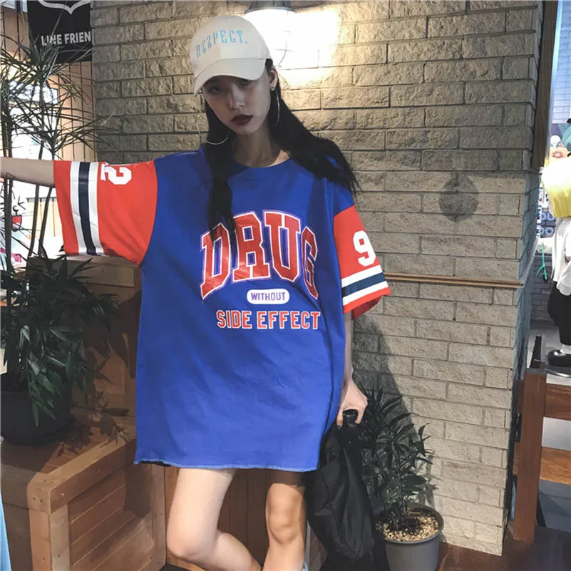 

NiceMix Oversized Hip hop t shirt femme Loose Long t-shirt Letter Printed tee Camisas mujer Harajuku Patchwork Baseball shirt