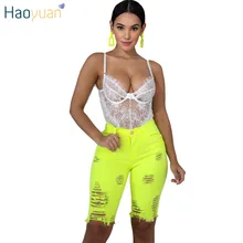 HAOYUAN неоновые зеленые джинсовые байкерские шорты женские черные Стрейчевые повседневные шорты с дырками размера плюс летние праздничные сексуальные Клубные короткие джинсы с высокой талией