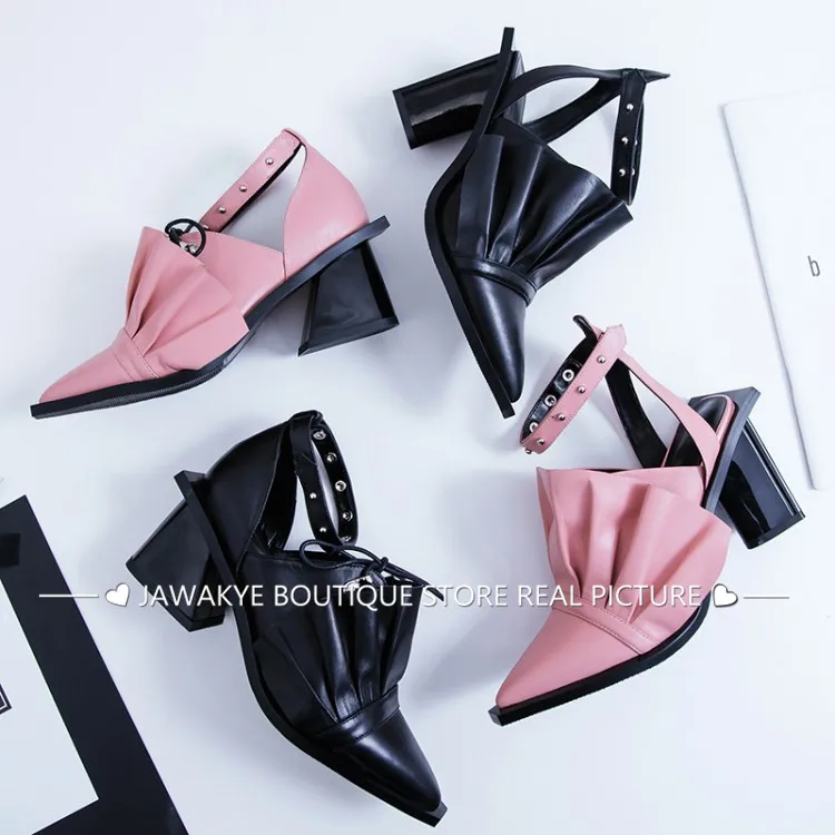 Summer genuine leather dress Sandals women square high Heels ruffles flowers bowties rivets pumps party shoes sapato feminino