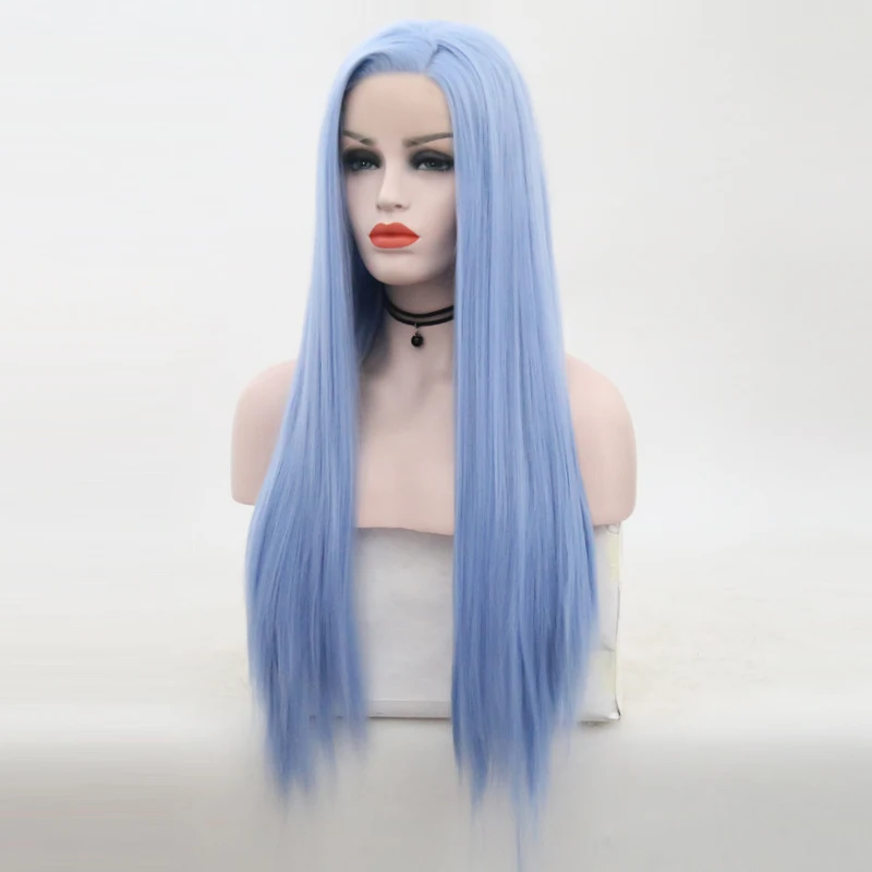 Очаровательный светильник, боковая часть, голубой парик, Длинные прямые, без клея, термостойкие парики, натуральные волосы, синтетический парик на кружеве для женщин
