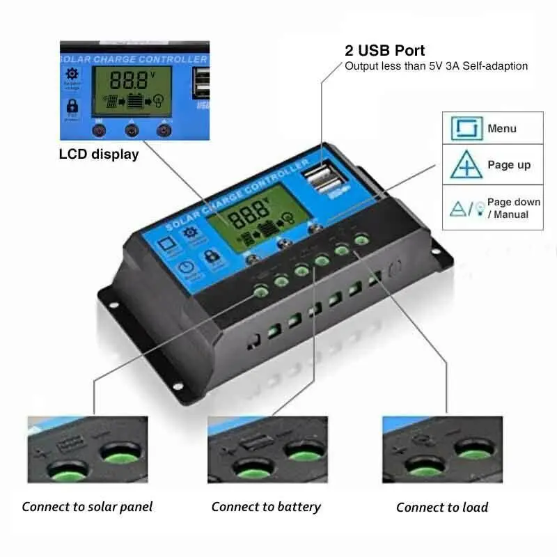 PWM 10/20 Вт, 30 Вт/40/50/60A Dual USB Панели солнечные Батарея регулятор заряда аккумулятора 12/24V Авто за максимальной точкой мощности, Солнечный контроллер заряда с ЖК-дисплей