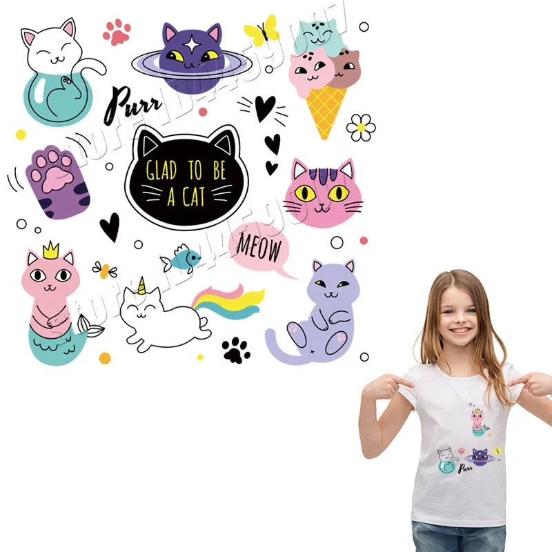 

Cute Cat Set Stickers For Children Washable Patches DIY Parches Stickers Ironing On Applique Easy Print By Household Irons