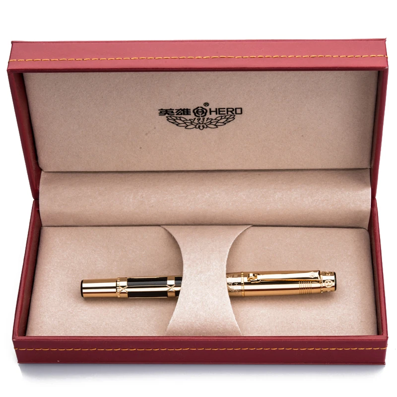 HERO 2065 Роскошная 10K перьевая ручка золотого цвета, полностью Металлическая Высококачественная Роскошная золотая клипса, черная/белая выдающаяся подарочная ручка, набор - Цвет: Black with Gift Box
