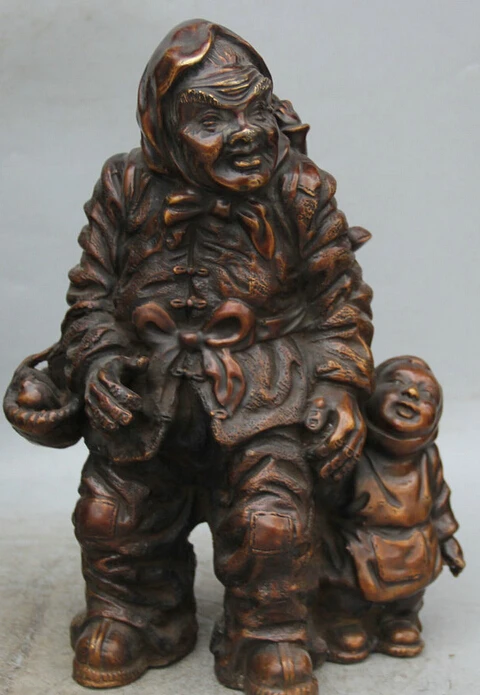 

JP S0524 12" Chinese Bronze Stand people grandma granny Grandson Tong Zi Boy Lad Statue B0403