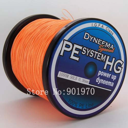 Free shipping 1pcs 1000m 50lb orange color fishing line 4 strands 2pcs