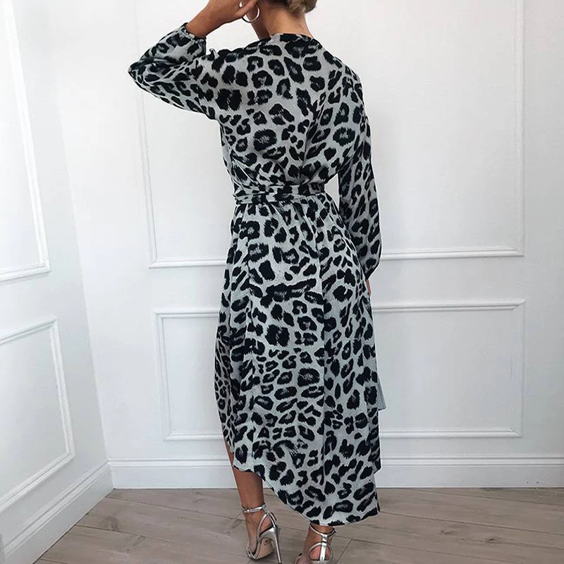 Leopard Print Dress Woman Autumn Long Sleeve Sexy V-Neck Dresses Casual Elegant Dresses Vestidos Office Lady High Split Dress