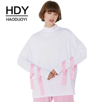 

HDY Haoduoyi Solid White Sweet Women Sweatshirt Turtleneck Letter Embroidery Full Sleeve Lace-up Belt Tops Casual Lady Pullovers