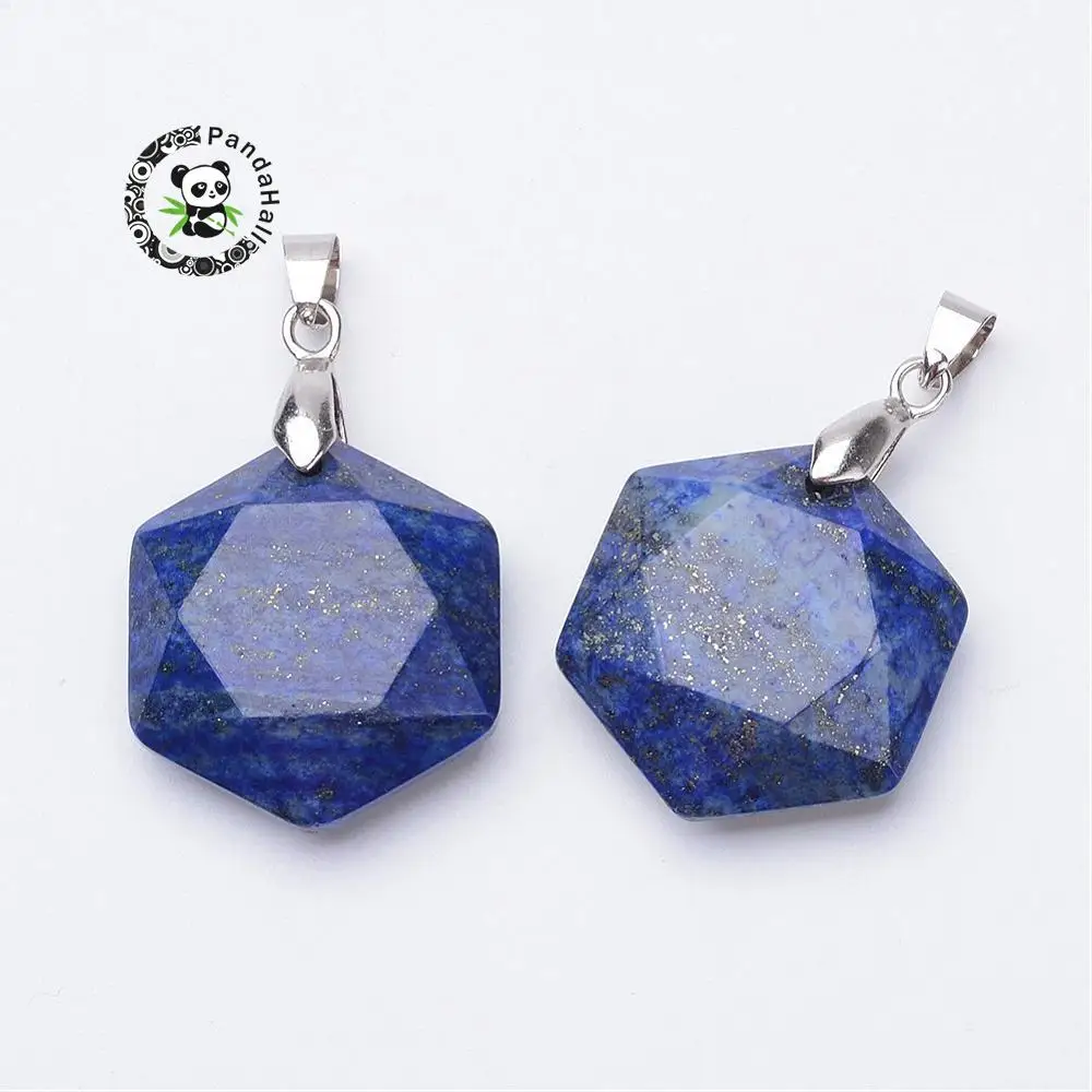 

faceted natural lapis lazuli pendants, with Metal tone brass findings, hexagon, 28x25x9mm, hole: 4x5mm