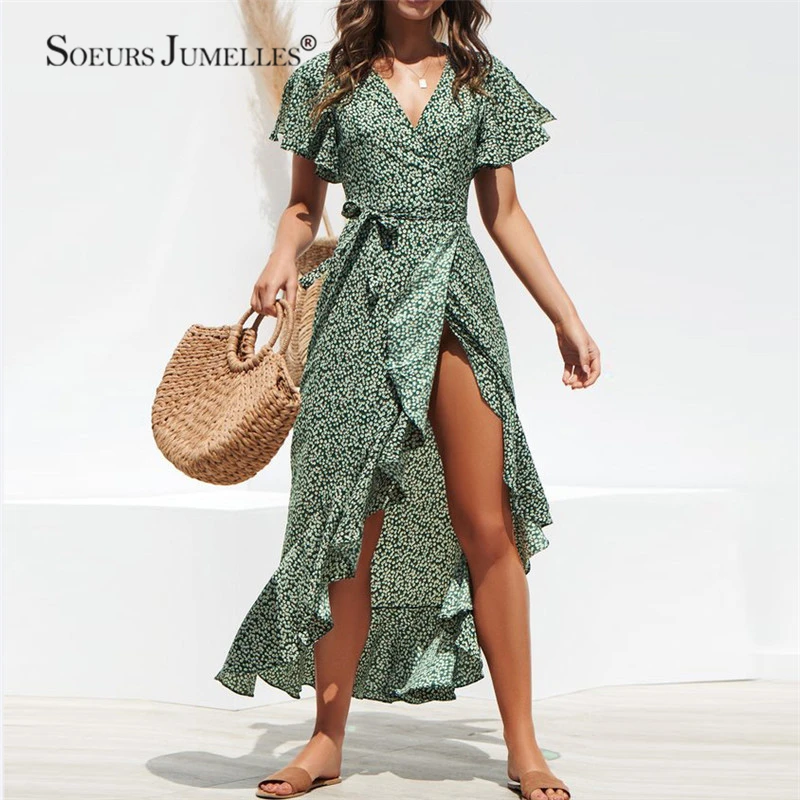 

Summer Beach Maxi Dress Women Floral Print Asymmetrical Boho Chiffon Dress Ruffles Wrap Casual V-Neck Split Sexy Party Dress
