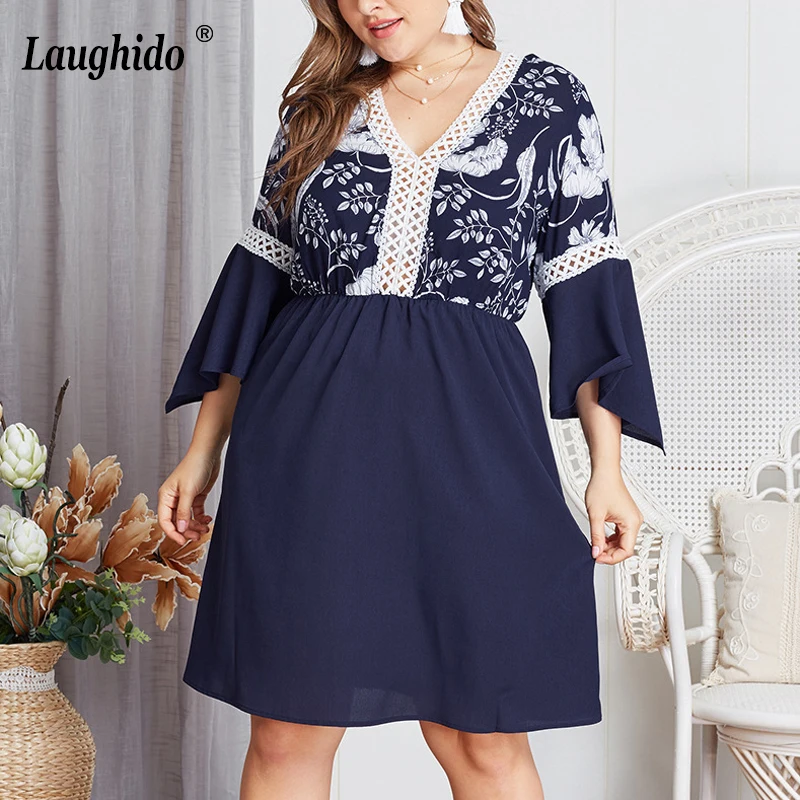 

Laughido Plus Size Patchwork Dress V Neck Lace Vestidos Beach Boho Elegant Women Dress Summer Loose Tunic Sundress Robe Female