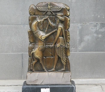 

9"Western Egypt myth Bronze & Marble ART King Tutt Kill ox-head horse monsters