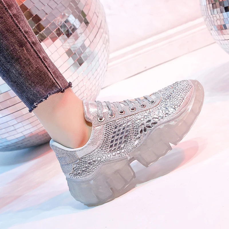 

BZBFSKY shinning silver crystal sneakers women 2019 spring fashion rhinestones platform casual shoes woman leather walking flats