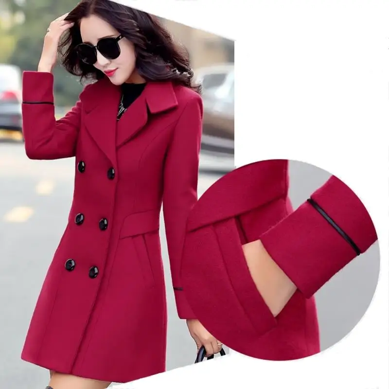 Для женщин шерстяные пальто Смеси на весну и зиму модные Повседневное дамы Шерстяное пальто куртки тонкий пальто большой Размеры красное вино темно-синий