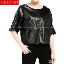 Большие размеры, модная женская высококачественная повседневная рубашка из овечьей кожи с круглым воротником, рукав летучая мышь, короткий рукав, черный, красный цвет, рубашка из натуральной кожи