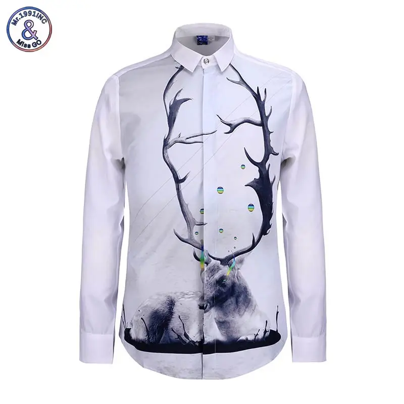 

Mr.1991INC New Arrival men's long sleeve slim shirts print animals elk deer man casual street hip hop camisas Asia size S-XL
