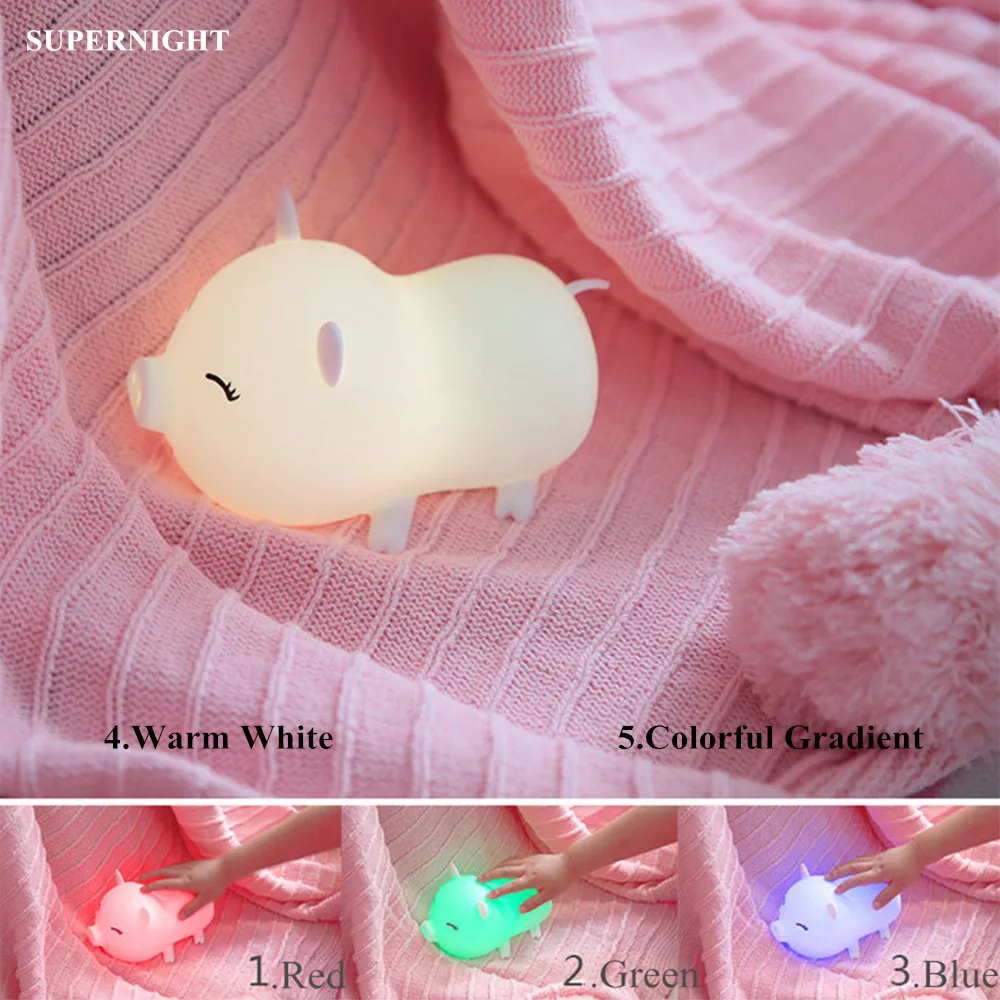 Touch Sensor Colorful Pig LED Night Light Cartoon Silicone USB Rechargeable Bedroom Bedside Lamp for Children Kids Baby Gift