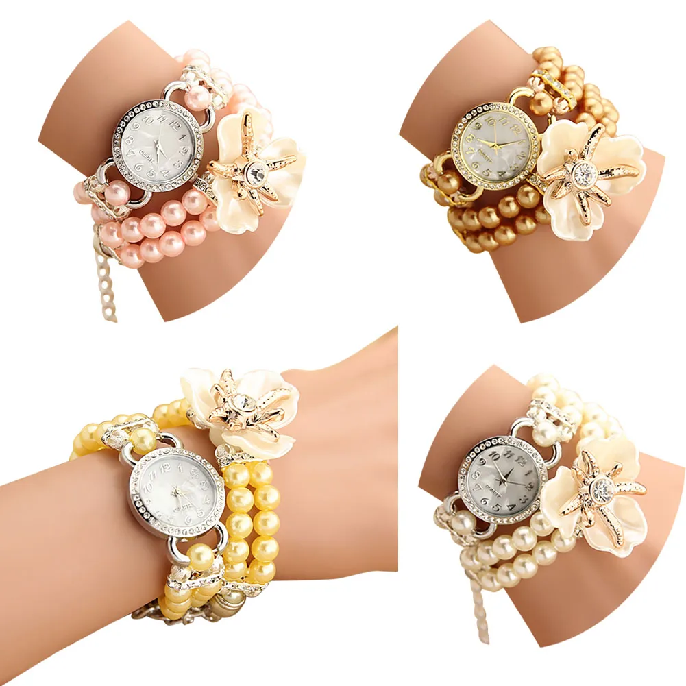 

Creative Women's Imitation Pearl Bracelet Watch Women Wrap Around Watches Personality Flower Rhinestone racelet Watch LL