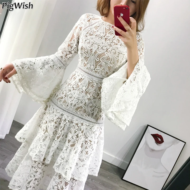 

2018 Boho Autumn Dress Women Lace Mesh Elegant Patchwork Ruffles Flare Sleeve O-neck White Beach Dresses Vestidos