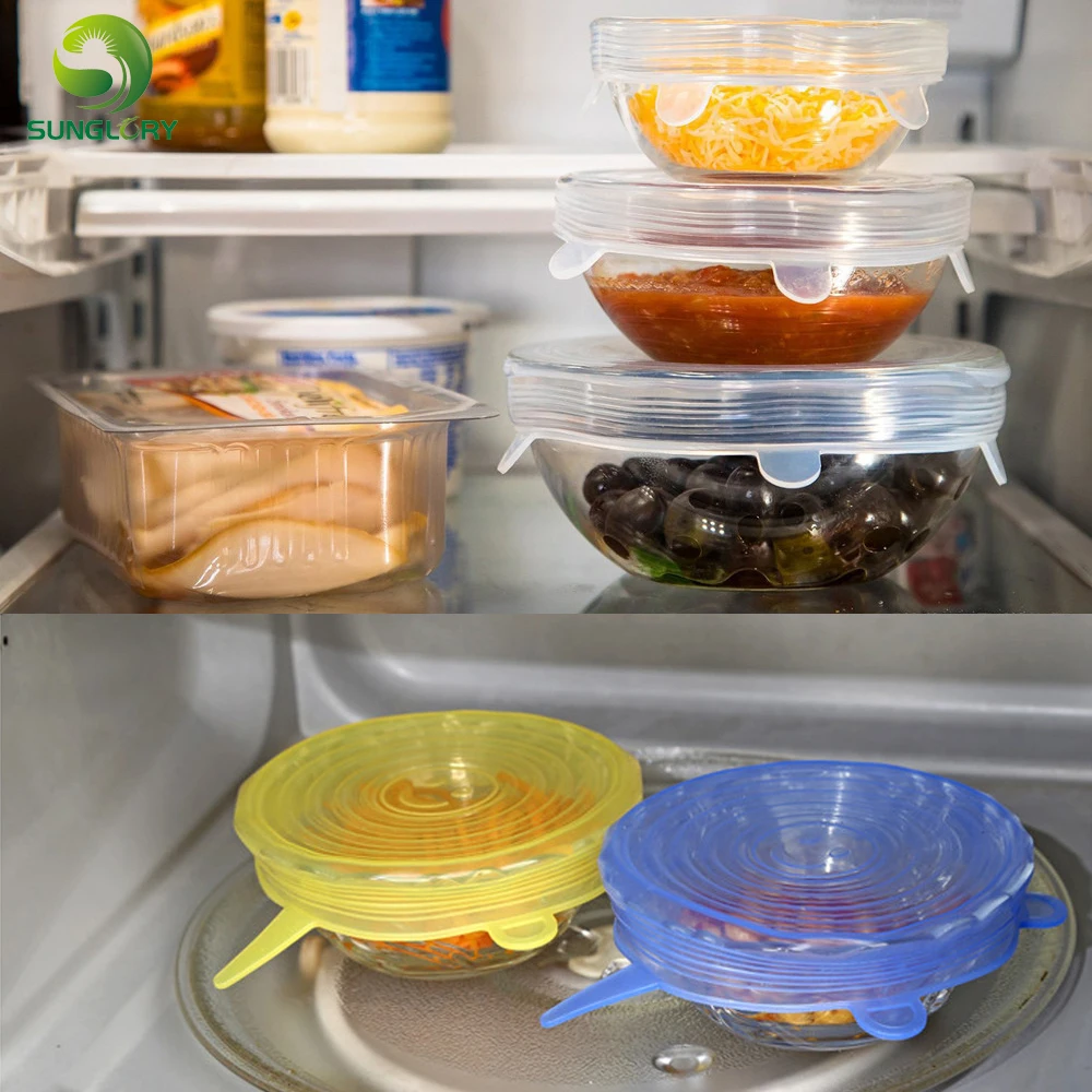 Sunglory 6PCS Reusable Silicone Stretch Air-tight Vacuum Lid Keep Fresh Leakproof Food Bowl Cover Lid Kitchen Silicone Food Wrap