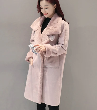 Зимняя женская верхняя одежда из искусственной овечьей шерсти, женские длинные толстые пальто из овчины, двубортные куртки из искусственной замши H161 - Цвет: Розовый