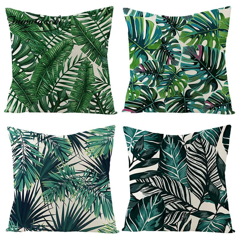 

Fuwatacchi Tropical Plant Linen 100% Cushion Cover Palm Leaves Throw Pillow Cover Green Nature Plant Pillowcases 45X45 Square