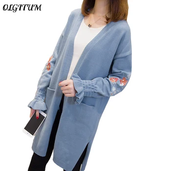 

Long Floral Sweater For Women 2019 Autumn New Fashion Cardigan Butterfly Sleeve Pocket Design Women Knitted Female Cardigan Coat