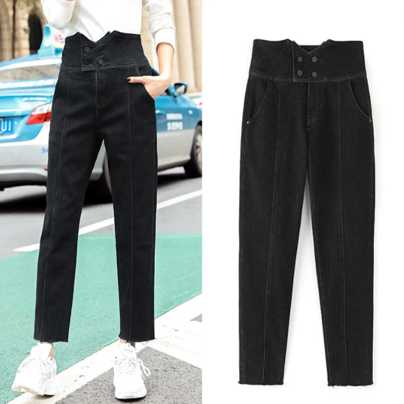 Новинка 2019, зимние женские брюки с высокой талией, женские джинсовые брюки, джинсовые брюки, черные женские джинсы, джинсы-карандаш