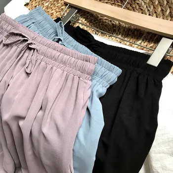 

2019 Summer Trousers For Women Elastic Waist Loose Casual Ankle Length Harem Pants Solid Drawstring Pleated Pants