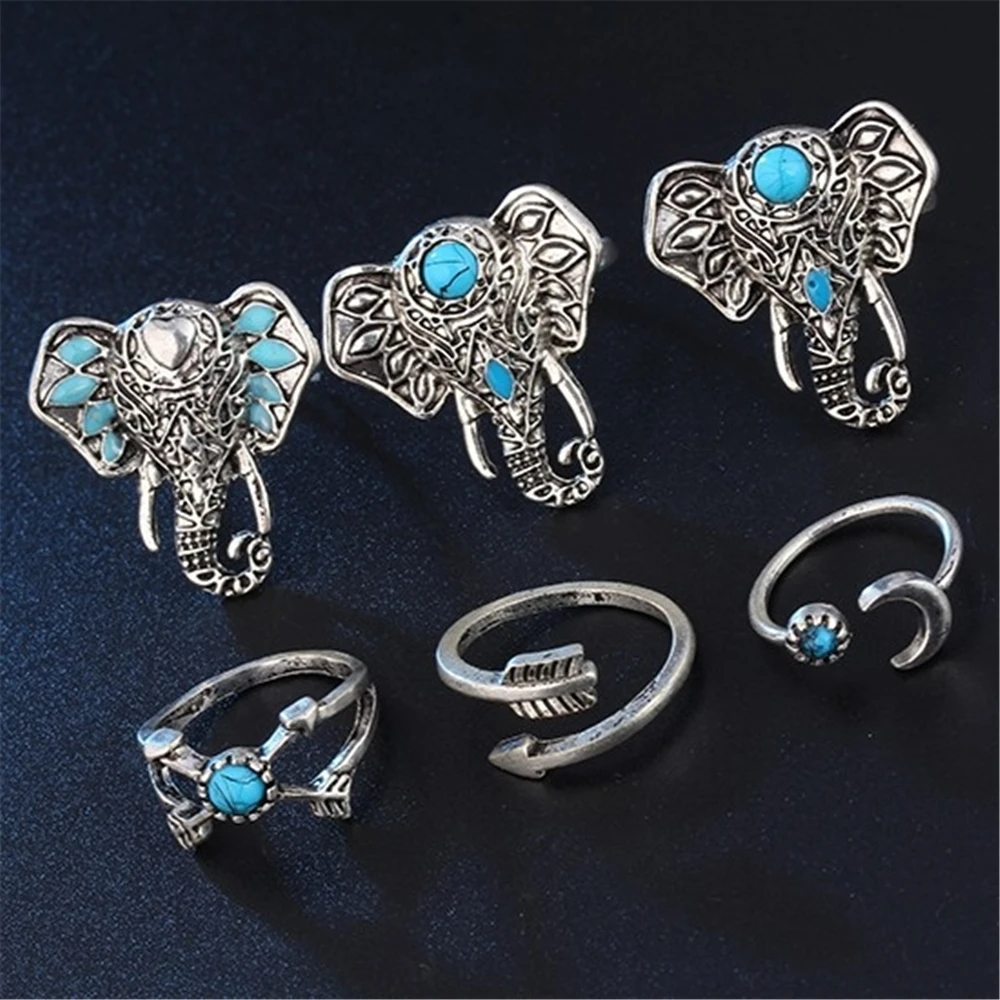

1 Set 6pcs Vintage Women Knuckle Ring Boho Geometric Lucky Elephant Arrow Moom Rings Set Bohemian Midi Finger Jewelry Women Ring